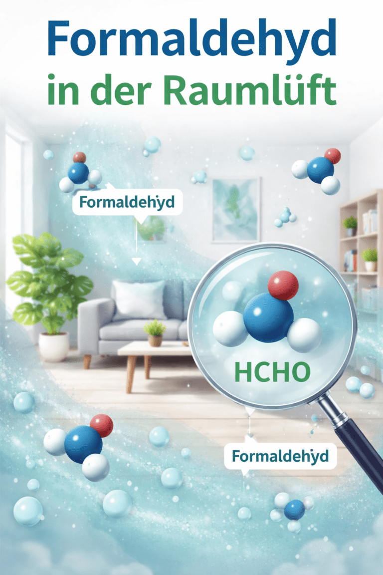 Hochkant-Illustration eines Wohnzimmers mit schwebenden Formaldehyd-Molekülen in der Raumluft, vergrößertes HCHO-Molekül im Vordergrund.