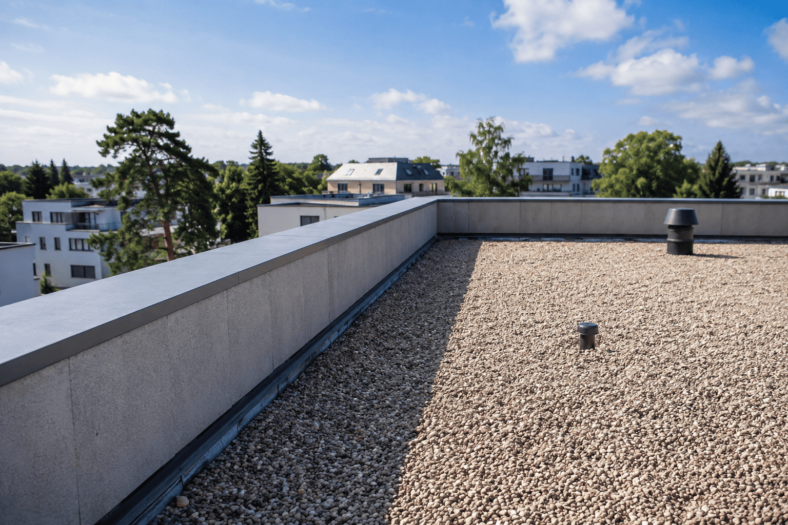 Modernes Flachdach mit umlaufender Attika aus Beton, Kiesschüttung auf der Dachfläche und Attika-Abdeckung aus Metall