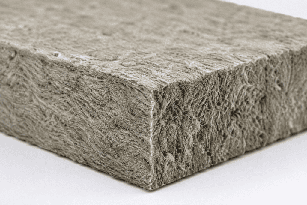 Steinwolle Dämmung: Nahaufnahme einer Mineralwolleplatte mit grauer Faserstruktur für Wärme- und Schalldämmung im Hausbau