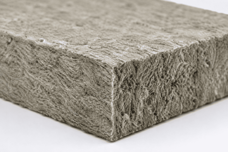 Steinwolle Dämmung: Nahaufnahme einer Mineralwolleplatte mit grauer Faserstruktur für Wärme- und Schalldämmung im Hausbau