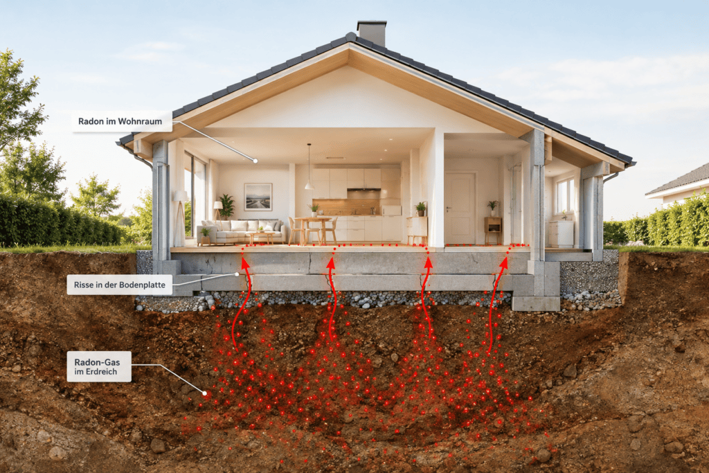 Radon steigt aus dem Erdreich durch die Bodenplatte in ein Wohnhaus – Schemadarstellung