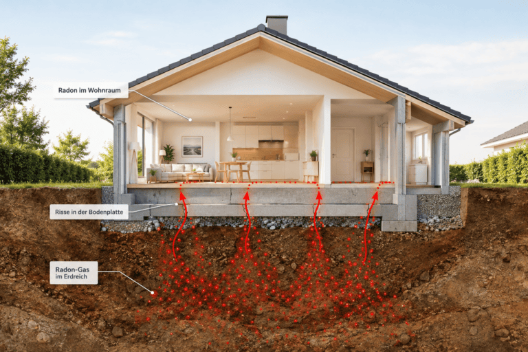 Radon steigt aus dem Erdreich durch die Bodenplatte in ein Wohnhaus – Schemadarstellung