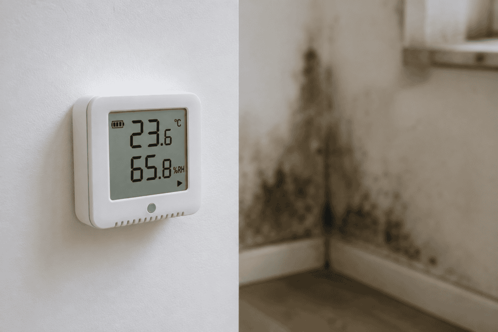 Klimadaten-Logger an Zimmerwand mit Schimmelfleck im Hintergrund