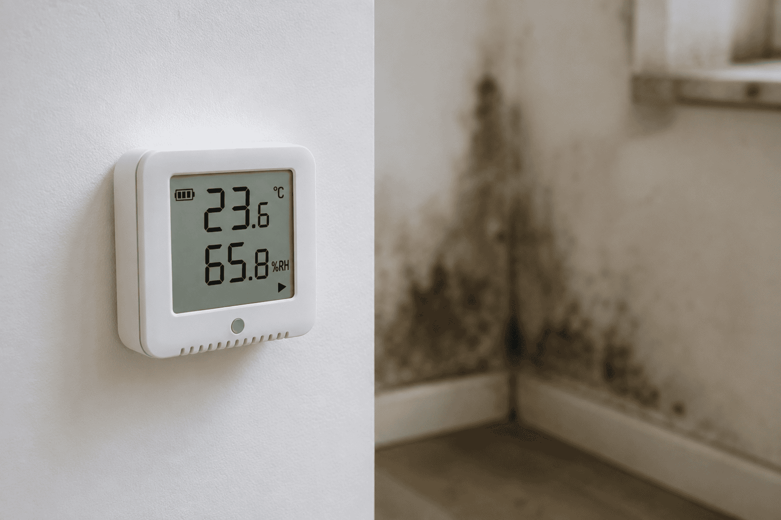 Klimadaten-Logger an Zimmerwand mit Schimmelfleck im Hintergrund