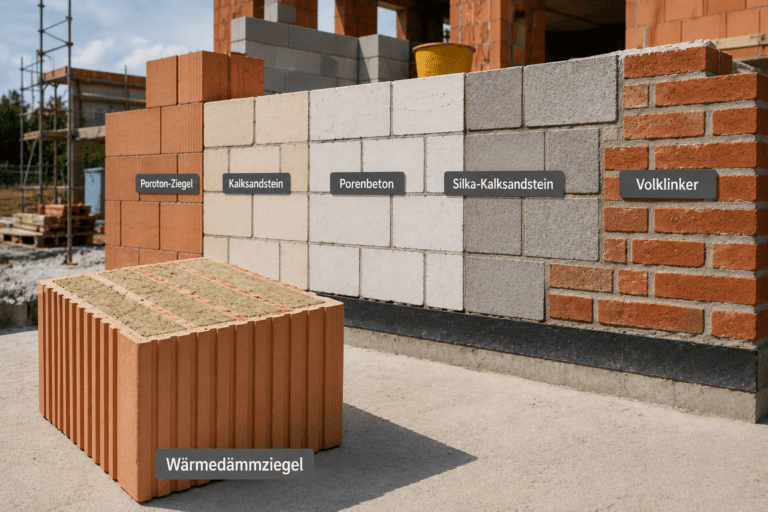 Verschiedene Mauersteine für Hausbau auf einer Baustelle mit Wärmedämmziegel, Kalksandstein, Porenbeton und Klinker im direkten Vergleich.