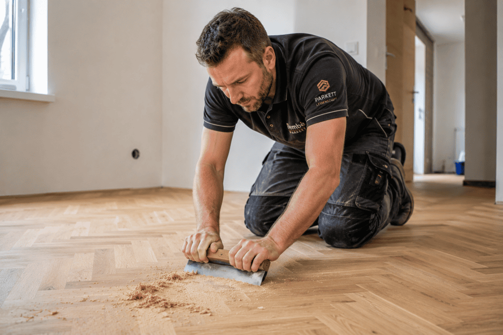 Parkettleger verwendet eine Parkettziehklinge zum professionellen Bearbeiten eines Eichenparketts.