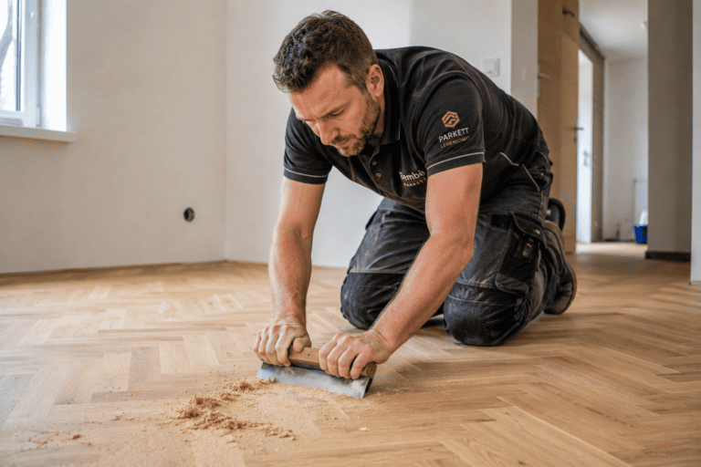 Parkettleger verwendet eine Parkettziehklinge zum professionellen Bearbeiten eines Eichenparketts.