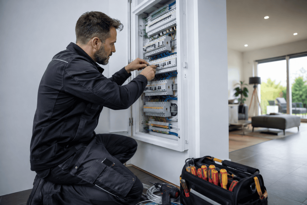Elektriker arbeitet am Sicherungskasten eines modernen Hauses – Wann brauche ich einen Elektriker?
