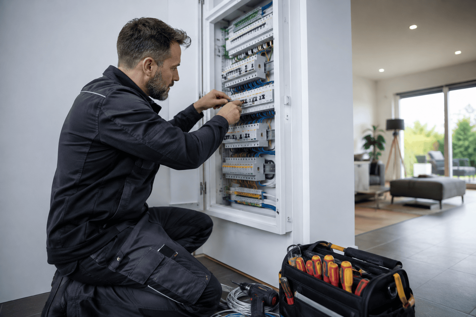 Elektriker arbeitet am Sicherungskasten eines modernen Hauses – Wann brauche ich einen Elektriker?