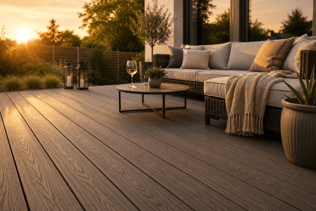 Moderne WPC-Terrassendielen mit Holzoptik auf einer stilvollen Terrasse mit Lounge-Möbeln im warmen Abendlicht.