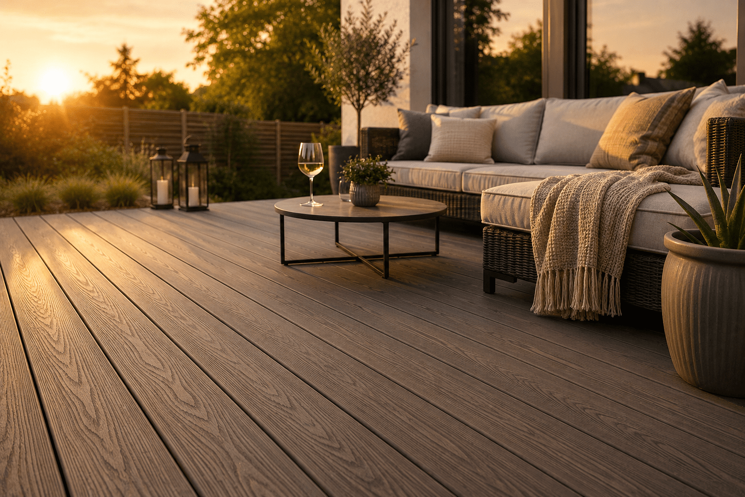 Moderne WPC-Terrassendielen mit Holzoptik auf einer stilvollen Terrasse mit Lounge-Möbeln im warmen Abendlicht.