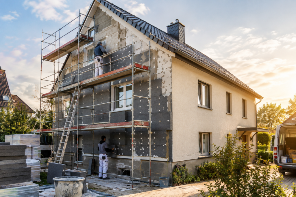 Sanierungskosten im Überblick: Handwerker bei der Arbeit an einer Fassade eines Altbaus