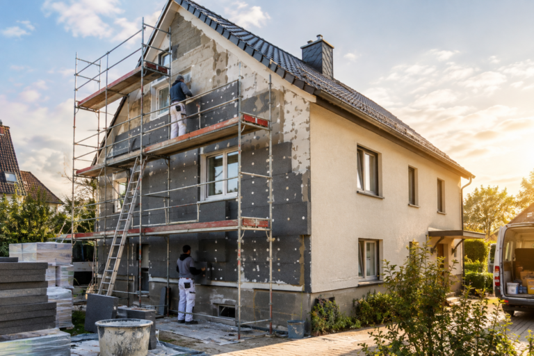 Sanierungskosten im Überblick: Handwerker bei der Arbeit an einer Fassade eines Altbaus
