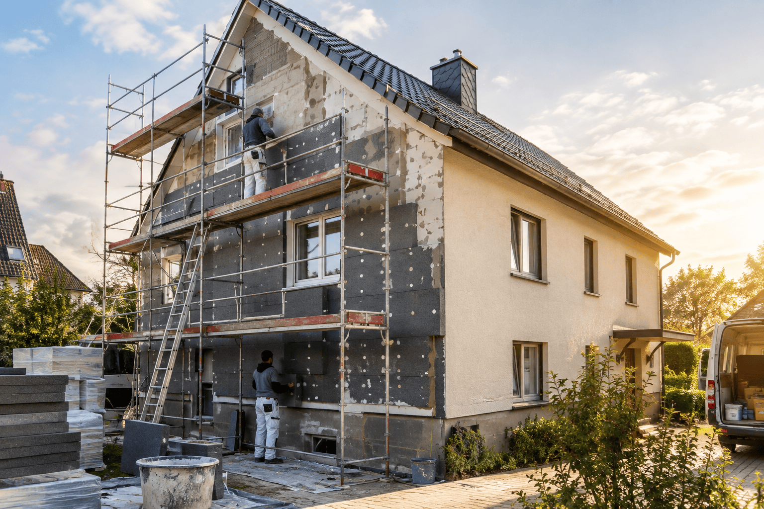 Sanierungskosten im Überblick: Handwerker bei der Arbeit an einer Fassade eines Altbaus
