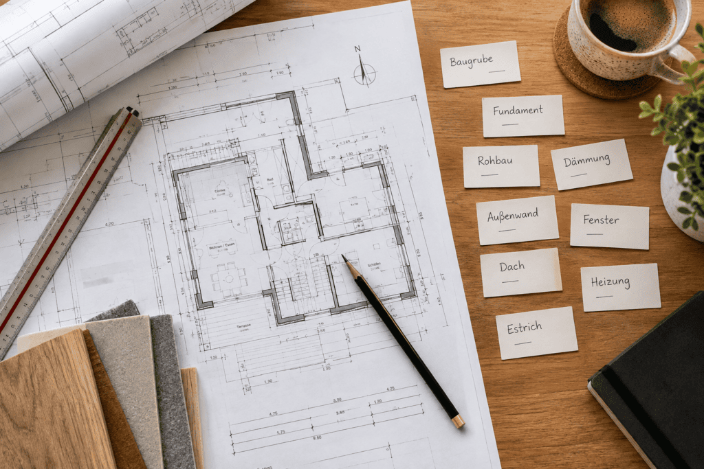 Bauplan mit Baubegriffe und Erläuterungen für Bauherren auf einem Architektentisch