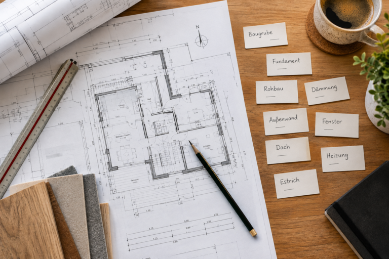 Bauplan mit Baubegriffe und Erläuterungen für Bauherren auf einem Architektentisch