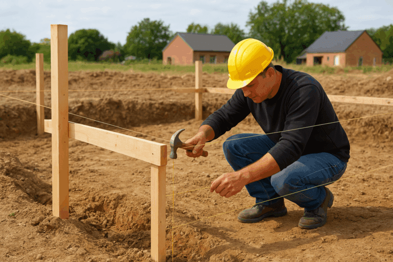 Schnurgerüst auf einer Baustelle – Bauherr richtet Holzpflöcke und gespannte Schnüre aus, um die exakte Position der Hauswände festzulegen.