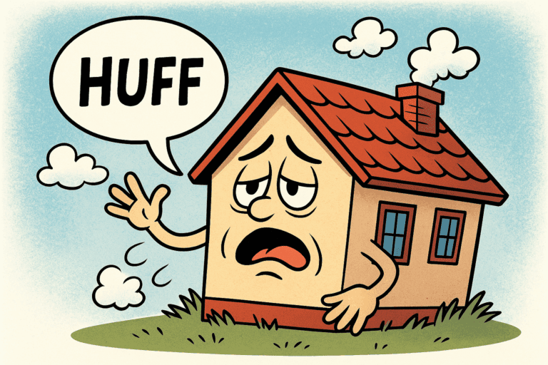 Comiczeichnung eines Hauses, das verzweifelt versucht zu atmen, um den Mythos der „atmenden Wände“ humorvoll darzustellen.