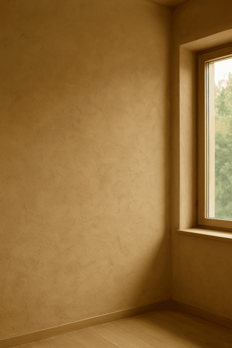 Lehmputz auf einer Wand, frisch aufgetragen, zeigt natürliche Struktur und warme Farbgebung