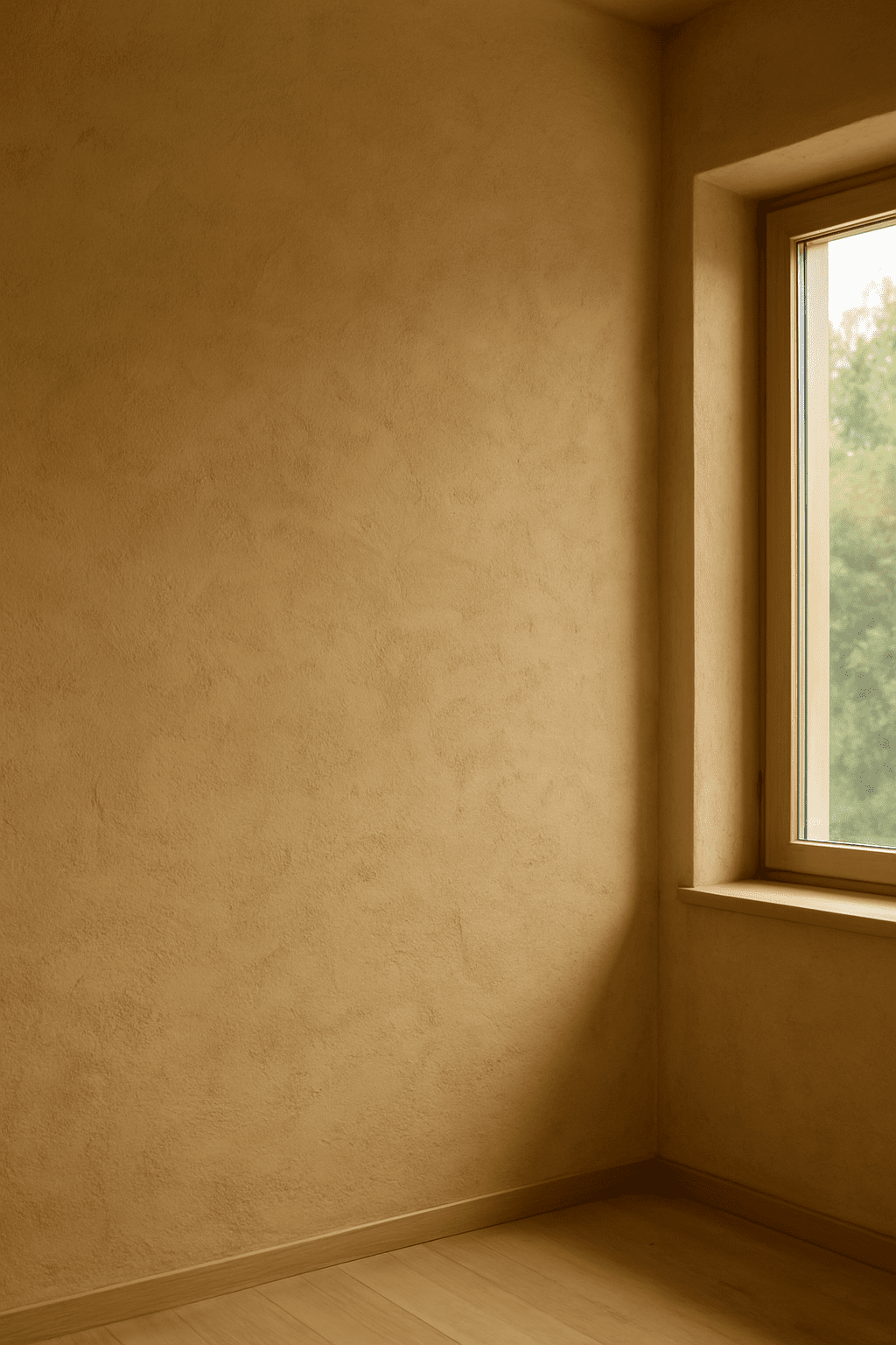 Lehmputz auf einer Wand, frisch aufgetragen, zeigt natürliche Struktur und warme Farbgebung