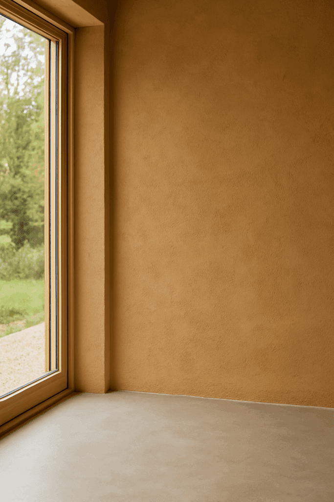 Minimalistische Innenwand mit Lehmputz und bodentiefem Fenster in einem modernen, natürlichen Wohnraum.