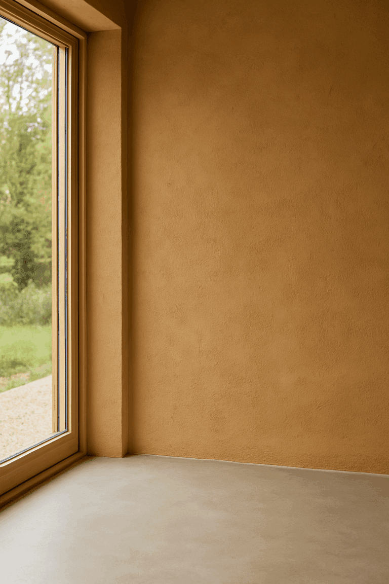 Minimalistische Innenwand mit Lehmputz und bodentiefem Fenster in einem modernen, natürlichen Wohnraum.