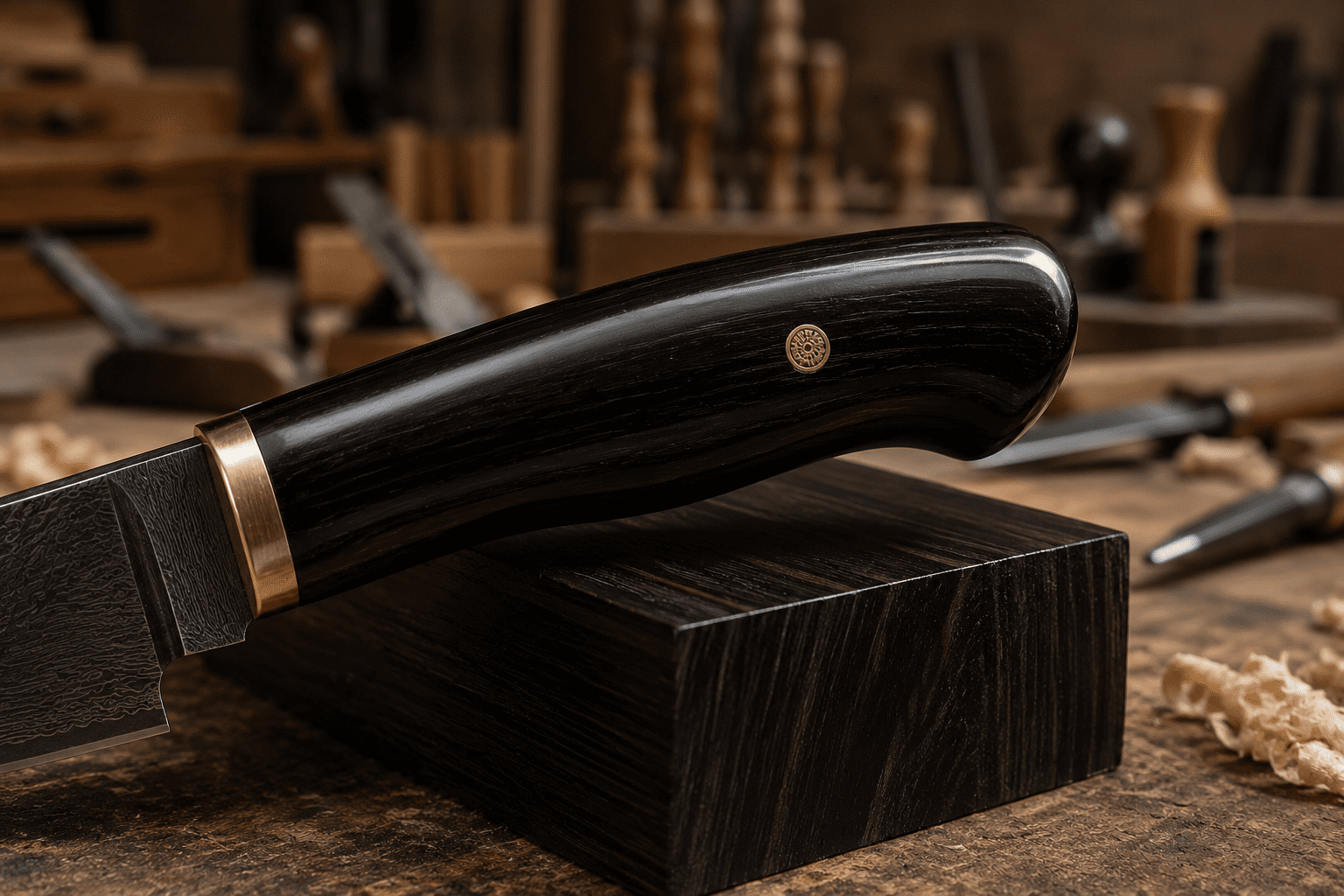 Poliertes Ebenholz mit tiefschwarzer Oberfläche in einer Holzwerkstatt als Beispiel für das wertvolle Edelholz Ebenholz.