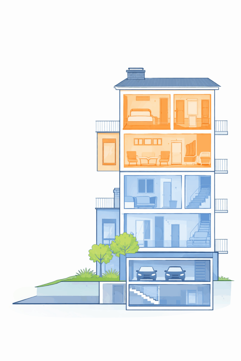 Mehrstöckiges Gebäude mit farblich markierten Wohnungen (Sondereigentum) und gemeinschaftlich genutzten Bereichen wie Treppenhaus, Garage und Garten (Gemeinschaftseigentum).