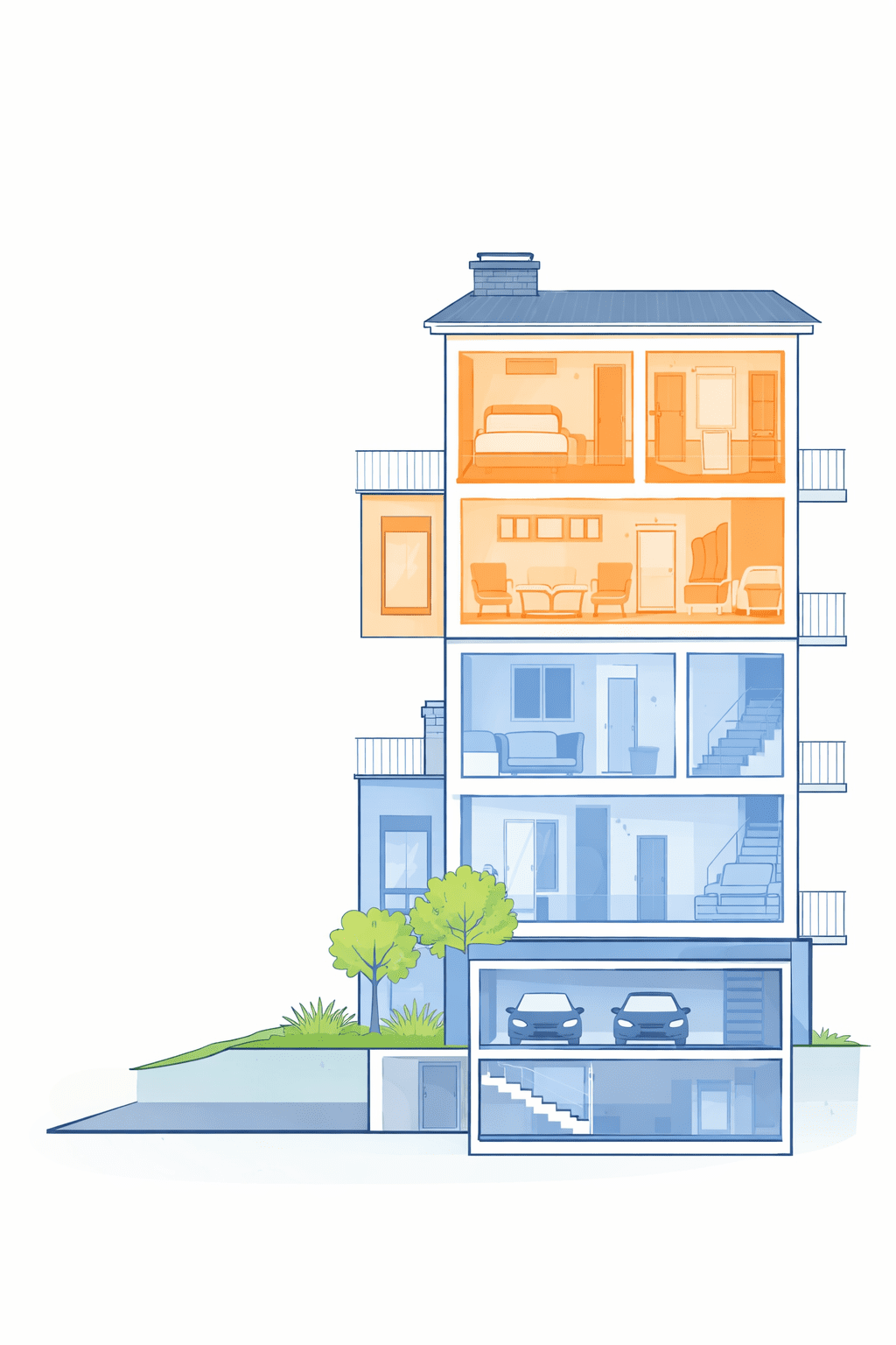 Mehrstöckiges Gebäude mit farblich markierten Wohnungen (Sondereigentum) und gemeinschaftlich genutzten Bereichen wie Treppenhaus, Garage und Garten (Gemeinschaftseigentum).