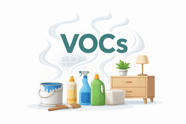 Minimalistische Darstellung von VOCs in Innenräumen: Farbdämpfe, Möbel, Reinigungsmittel und Lacke geben Schadstoffe an die Raumluft ab, dargestellt durch aufsteigende Linien.