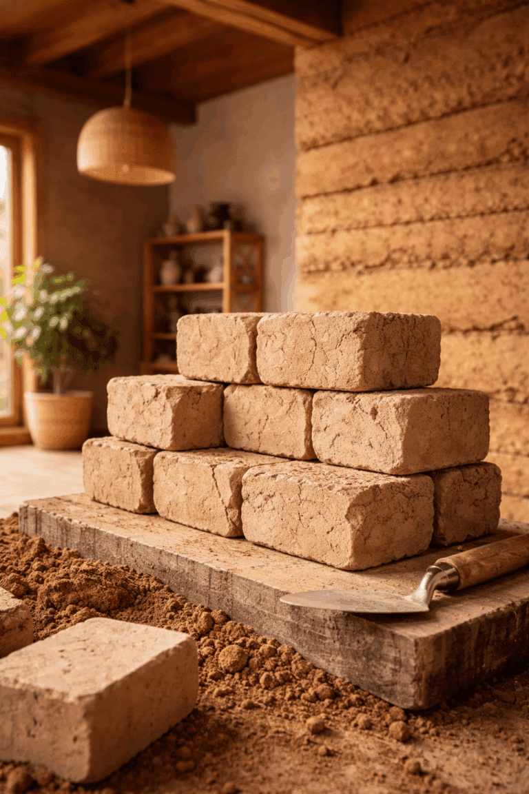 „Nahaufnahme von gestapelten handgeformten Lehmsteinen vor einer teilweise gebauten Stampflehmwand, natürliche Erdtöne und Struktur sichtbar, Beispiel für nachhaltigen Lehmbau oder Lehm als Baustoff.“