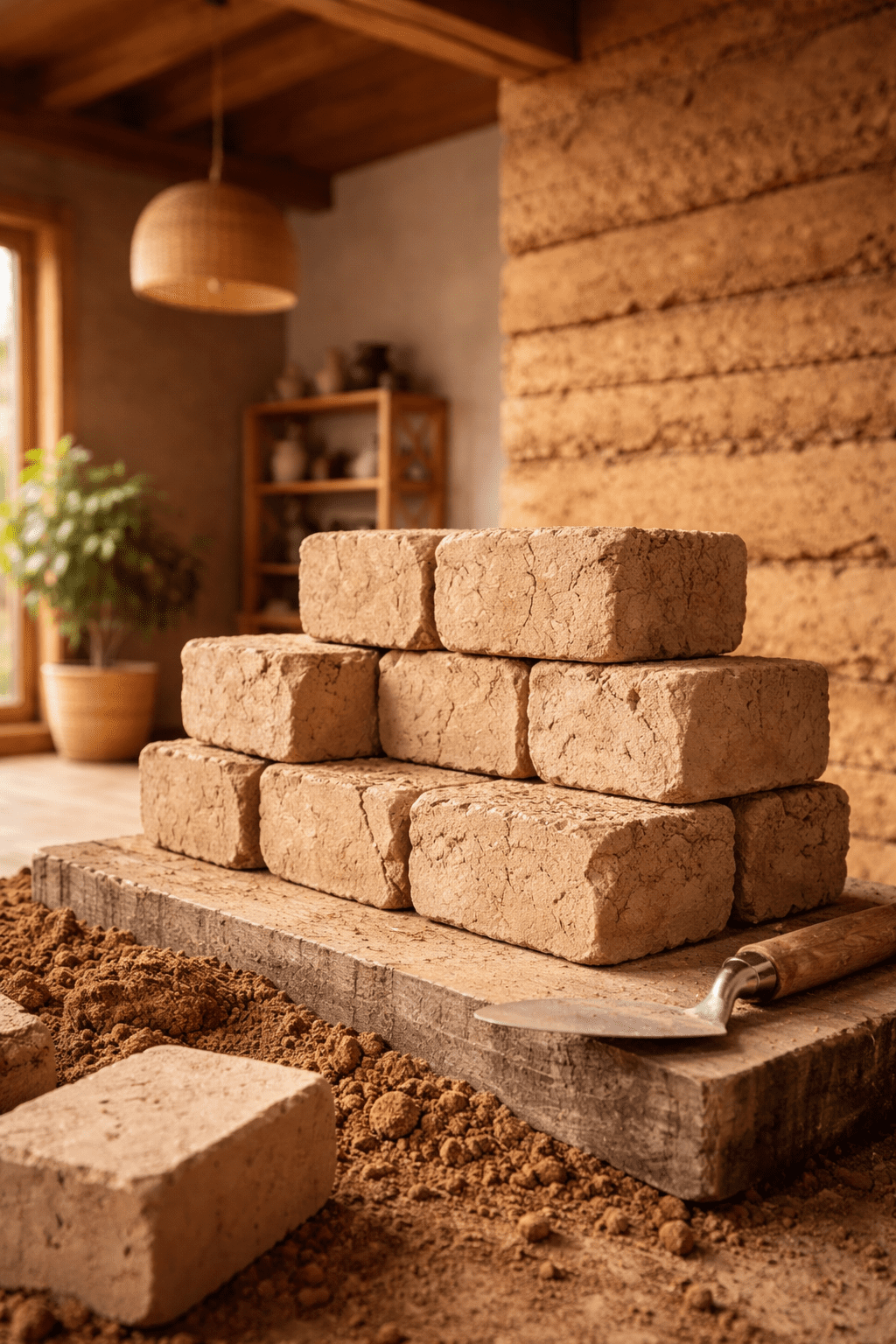 „Nahaufnahme von gestapelten handgeformten Lehmsteinen vor einer teilweise gebauten Stampflehmwand, natürliche Erdtöne und Struktur sichtbar, Beispiel für nachhaltigen Lehmbau oder Lehm als Baustoff.“