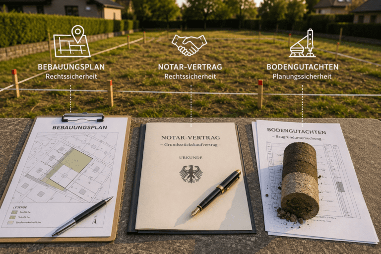 Grundstückskauf mit Bebauungsplan, Notarvertrag und Bodengutachten vor einem vermessenen Baugrundstück als wichtige Grundlagen für den Kauf eines Bauplatzes.