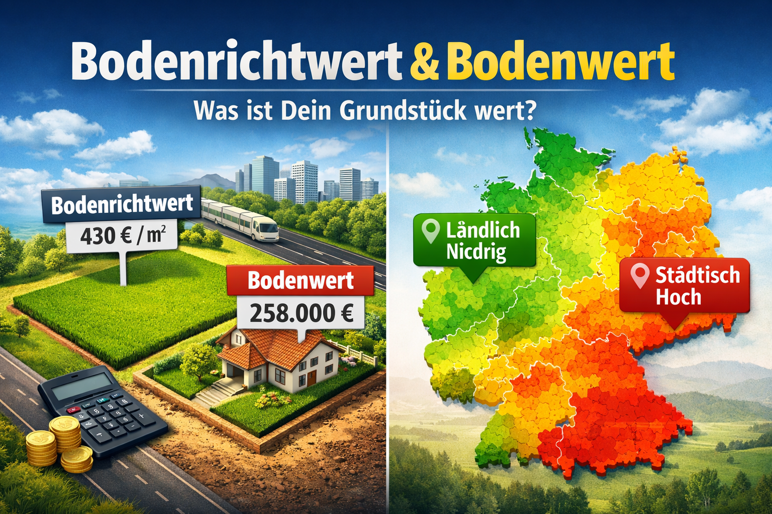 Illustration eines Vergleichs zwischen Bodenrichtwert und Bodenwert: links ein unbebautes Grundstück mit Bodenrichtwert 430 €/m² und ein bebautes Grundstück mit Bodenwert 258.000 €, rechts eine Deutschlandkarte mit farblich markierten Bodenrichtwertzonen von niedrig (ländlich) bis hoch (städtisch).