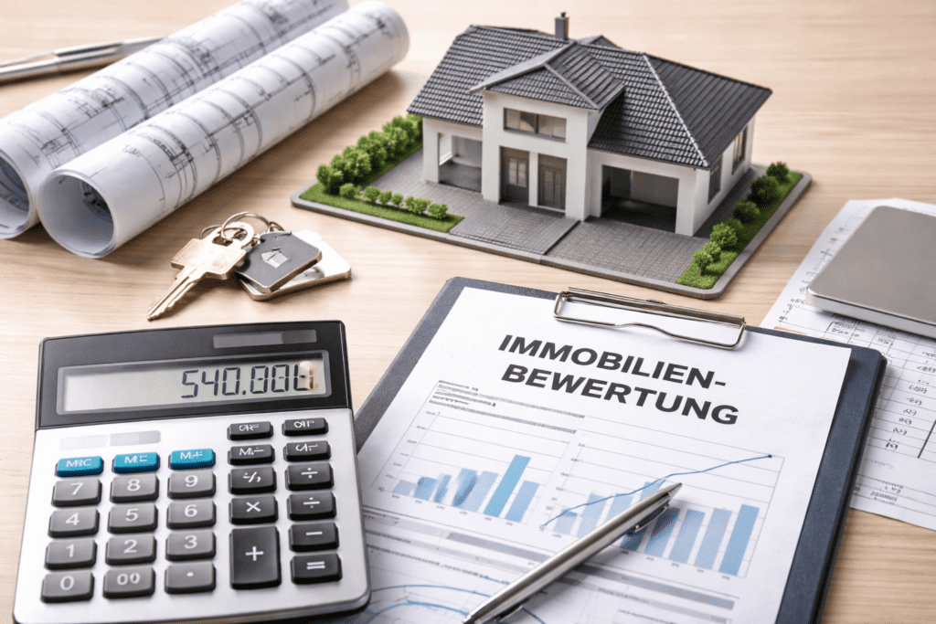 Verkehrswert einer Immobilie: Modellhaus, Baupläne, Taschenrechner und Bewertungsunterlagen zur Immobilienbewertung