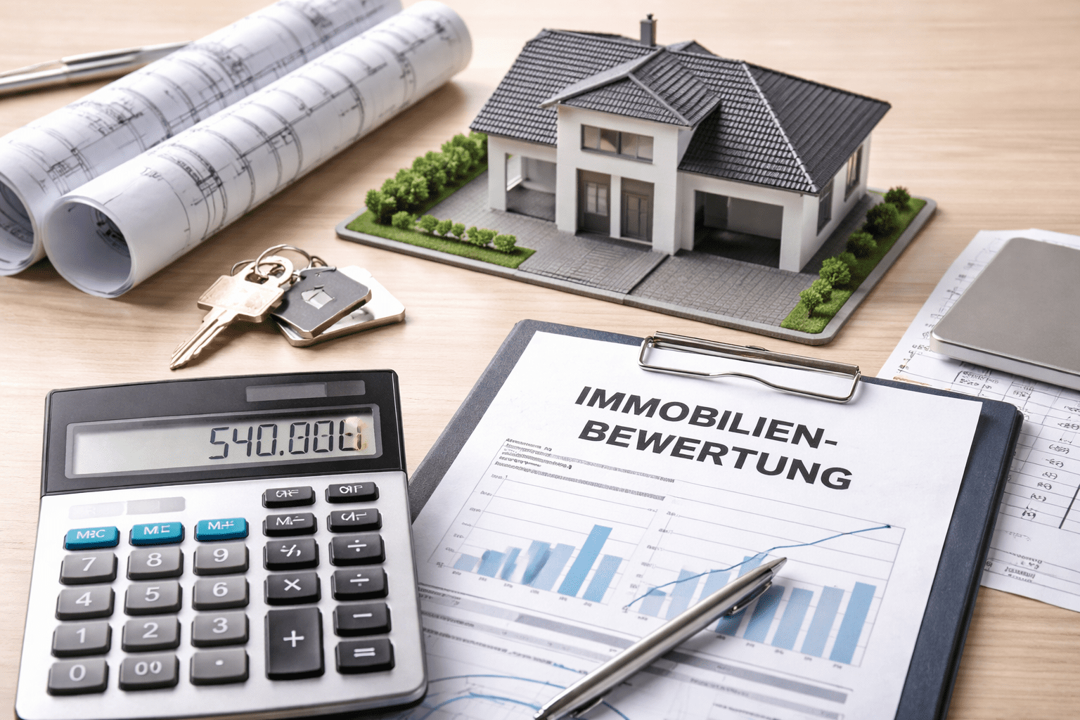 Verkehrswert einer Immobilie: Modellhaus, Baupläne, Taschenrechner und Bewertungsunterlagen zur Immobilienbewertung