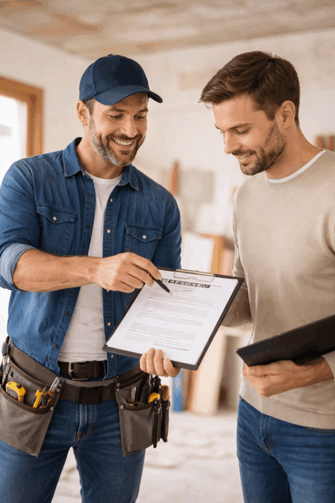 Handwerker erklärt einem Hausbesitzer den Handwerkervertrag, beide schauen auf das Dokument, professionell, freundlich, moderne Innenraumgestaltung.