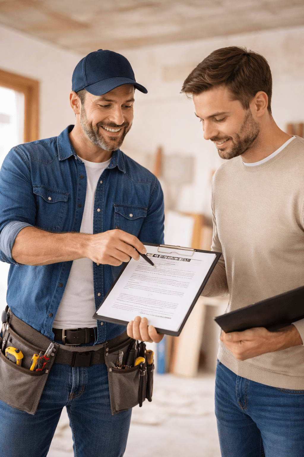 Handwerker erklärt einem Hausbesitzer den Handwerkervertrag, beide schauen auf das Dokument, professionell, freundlich, moderne Innenraumgestaltung.