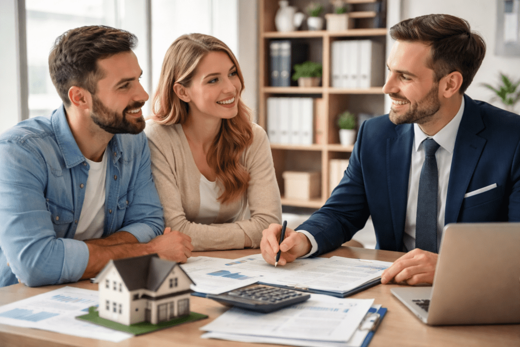 Ein Paar sitzt bei einem Finanzberater und bespricht Dokumente und Pläne für ihre Baufinanzierung – so können sie ihr Eigenkapital beim Hauskauf effektiv einsetzen.