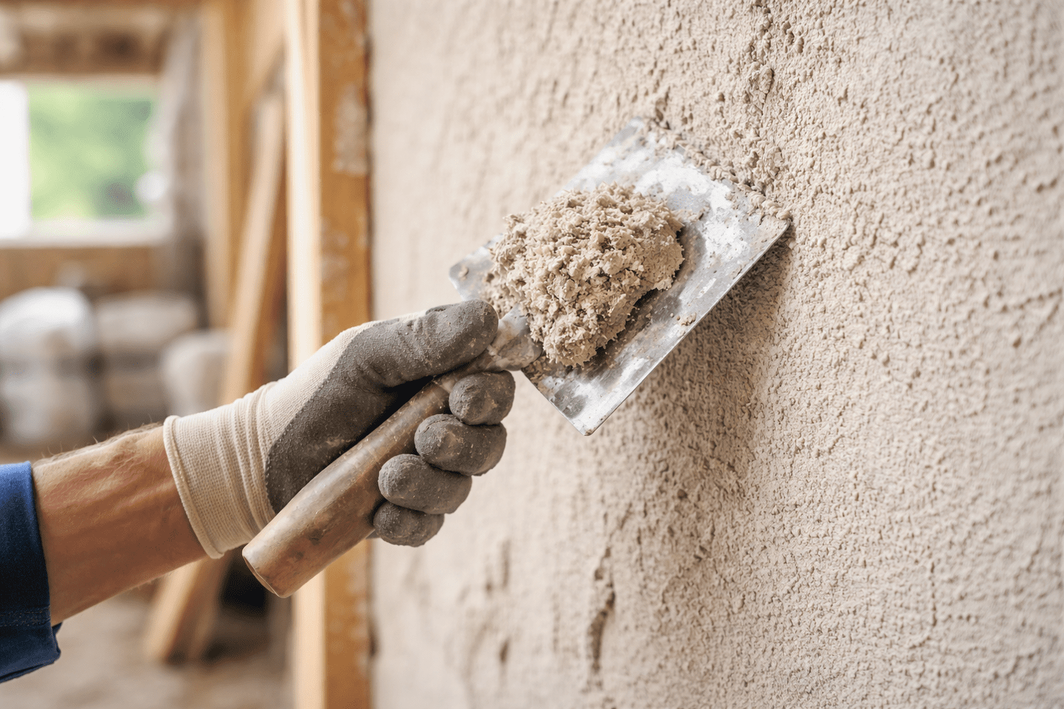 Nahaufnahme eines Handwerkers, der HANFKALK auf eine Wand aufträgt – ökologischer Baustoff für nachhaltiges Bauen und gesunde Raumluft.