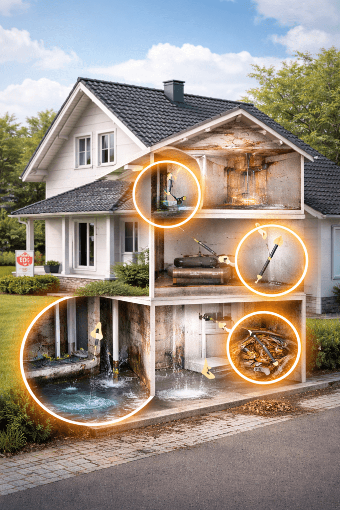 Haus mit halbtransparenten Einblicken, die versteckte Mängel wie Schimmel im Keller, Risse in Wänden, Wasserschäden und Holzschädlinge im Dachgeschoss zeigen.