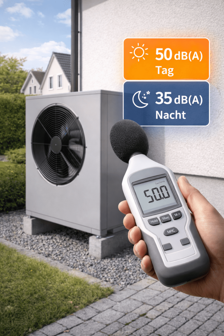 Handwerker misst Geräuschpegel einer Luft-Wasser-Wärmepumpe mit einem Schallpegelmesser; Anzeige 50 dB(A) Tag, 35 dB(A) Nacht; Reihenhäuser im Hintergrund umWärmepumpe effizient zu betreiben.