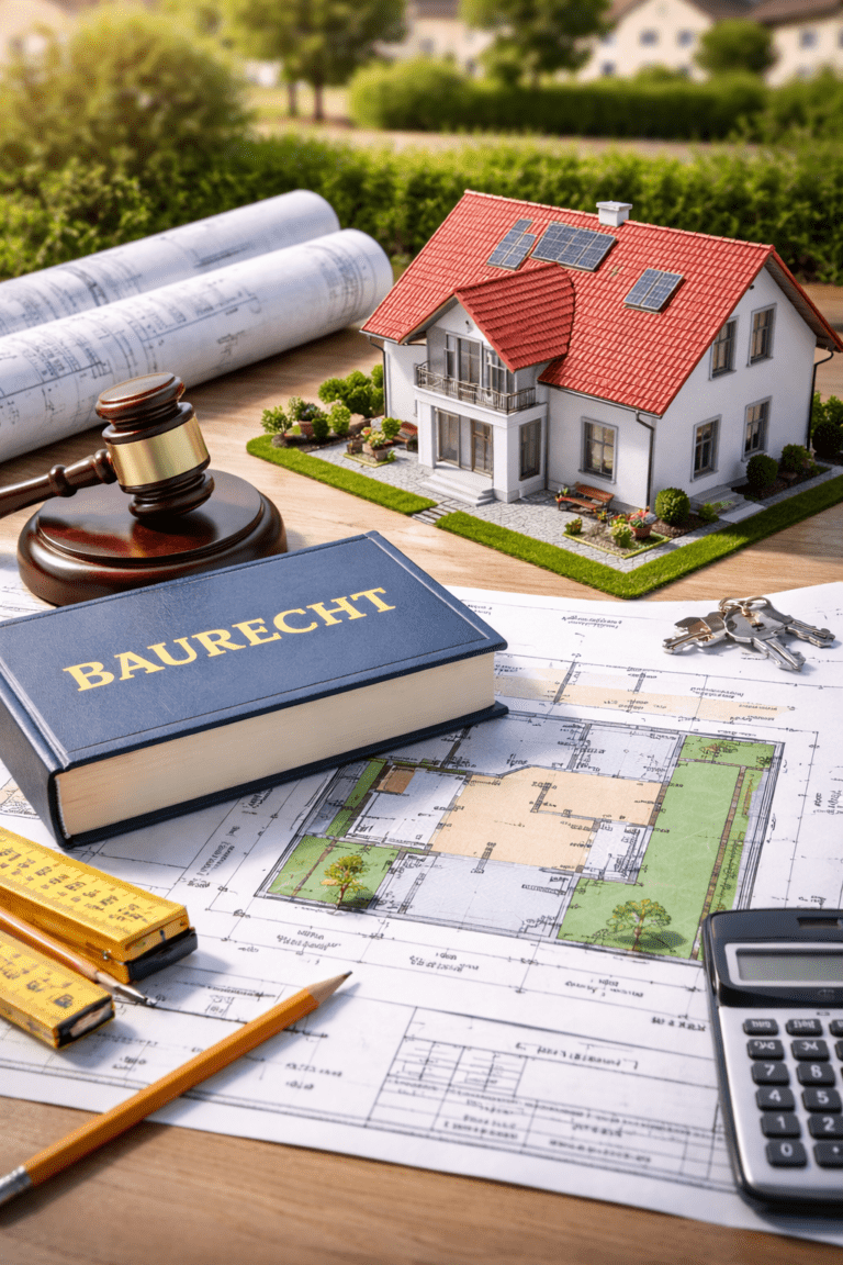 Landesbauordnung beim Hausbau mit Hausmodell, Bauplänen und Baurechtsbuch als Symbol für rechtliche Vorschriften