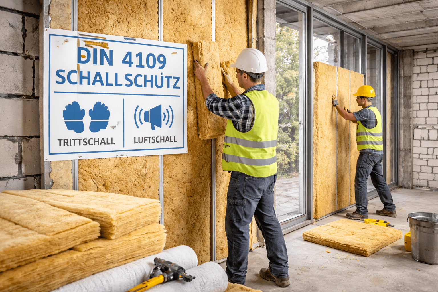 Zwei Bauarbeiter bringen Schallschutzplatten an einem Rohbau an. Ein Schild weist auf die Einhaltung der DIN 4109 für Trittschall und Luftschall hin.