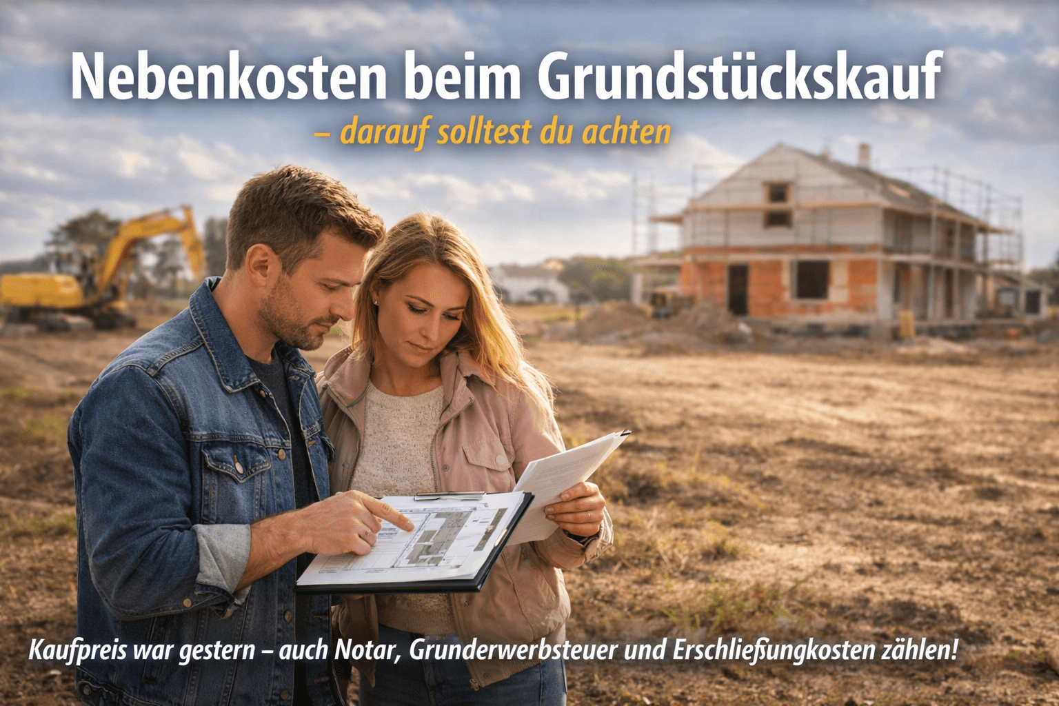 Bauherren prüfen Grundstücksunterlagen auf einem unbebauten Grundstück – Nebenkosten beim Grundstückskauf beachten.