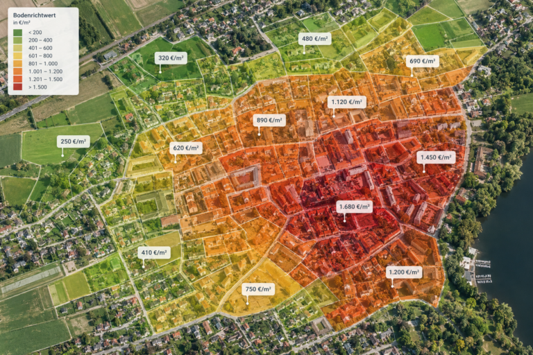Karte mit Bodenrichtwert-Zonen und Grundstück mit Preisangabe pro Quadratmeter