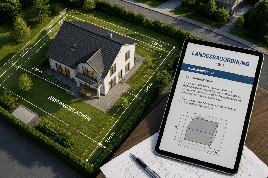 Modernes Einfamilienhaus mit eingezeichneten Abstandsflächen und Tablet mit Landesbauordnung als Symbol für die rechtlichen Vorgaben beim Hausbau.