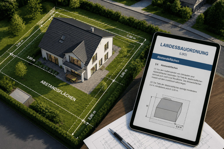 Modernes Einfamilienhaus mit eingezeichneten Abstandsflächen und Tablet mit Landesbauordnung als Symbol für die rechtlichen Vorgaben beim Hausbau.