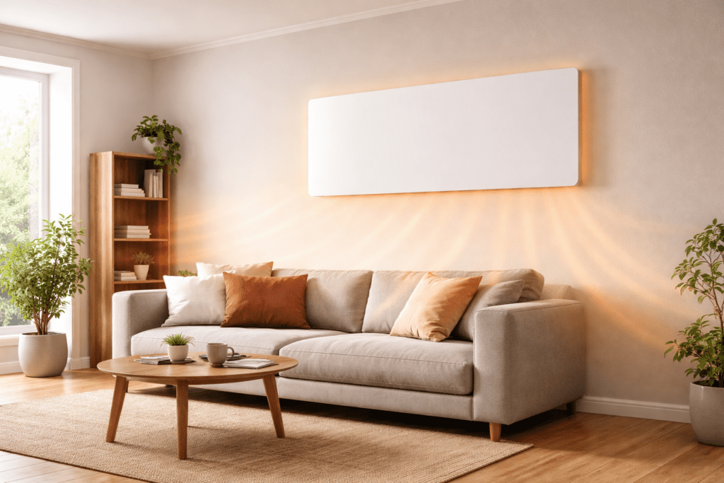 Modernes Wohnzimmer mit wandmontierter Infrarotheizung, die Wärme über Strahlung abgibt. Sofa, Teppich und Pflanzen sorgen für gemütliche Atmosphäre.