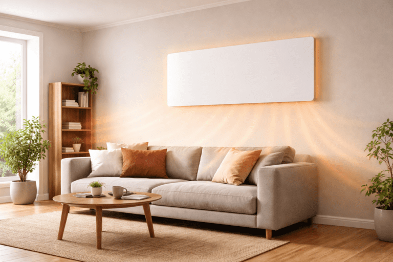 Modernes Wohnzimmer mit wandmontierter Infrarotheizung, die Wärme über Strahlung abgibt. Sofa, Teppich und Pflanzen sorgen für gemütliche Atmosphäre.